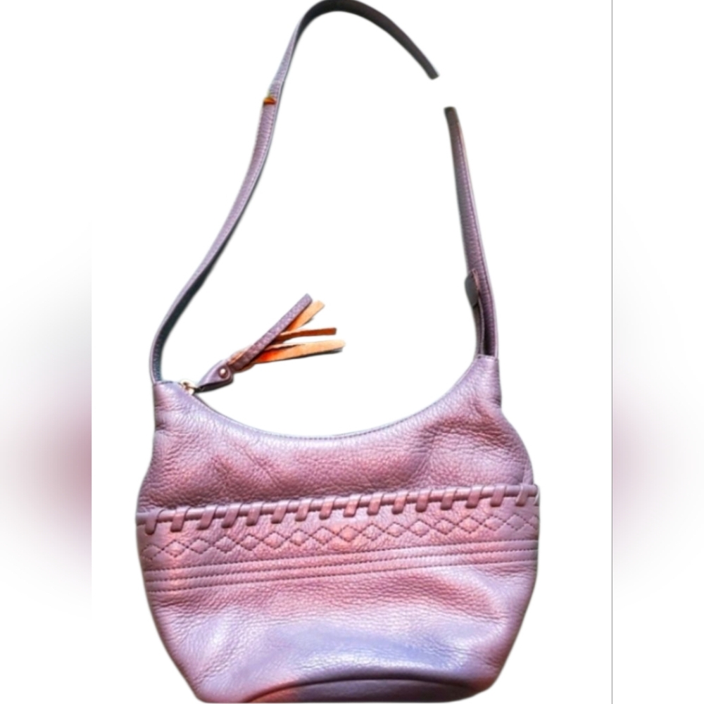 Stone Mountain Handbag color blue gray the bag is leather and the c